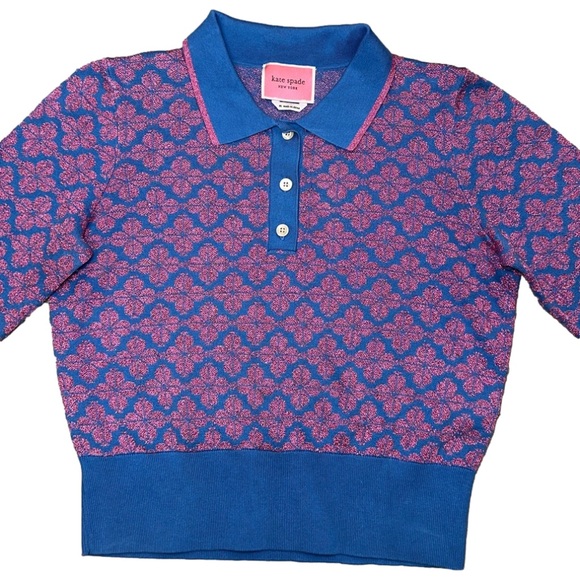 Kate Spade Women’s Flower Polo Sweater size Medium Pink & Blue✨ - Picture 7 of 12